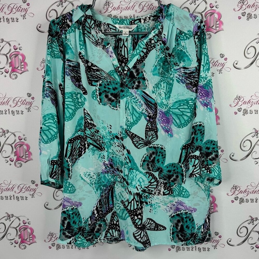 Northern Reflections top blouse long sleeve Teal Black Butterfly Blouse 🦋